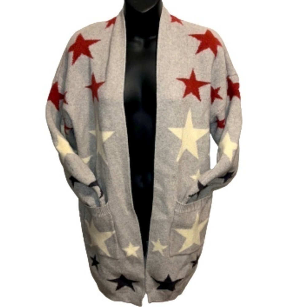 Dreamers light gray open cardigan with red, white and blue stars size L